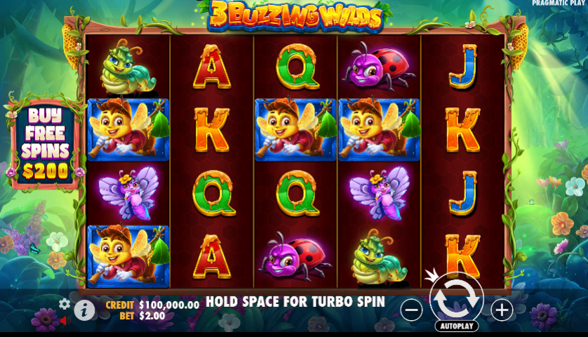 A vibrant online slot game titled "3 Buzzing Wilds" by Pragmatic Play, featuring a 5x4 reel grid with colorful insect-themed symbols, including bees, butterflies, and ladybugs. The game has bold, golden-lettered card symbols (A, K, Q, J) and a "Buy Free Spins" option for $200 on the left side. The background showcases a lush, green forest with flowers and honeycombs. At the bottom, the interface displays a $100,000 credit balance, a $2.00 bet amount, and options for turbo spin and autoplay.
