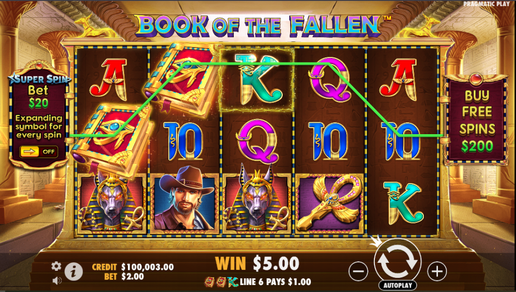 "Book of the Fallen" slot game by Pragmatic Play, set in an Ancient Egyptian temple. The 5x3 reel grid features symbols like a male explorer, Eye of Horus, Anubis, and traditional card symbols (A, K, Q, J, 10). The game interface shows a $5.00 win, with a $2.00 bet per spin and $100,003 credit balance. The left panel has a Super Spin Bet ($20) toggle, offering expanding symbols per spin, while the right side displays a "Buy Free Spins" option for $200. The background includes Egyptian pillars and golden artifacts, enhancing the theme.