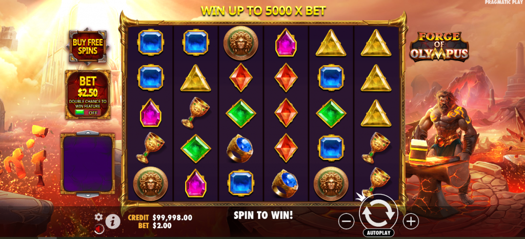Forge of Olympus slot game by Pragmatic Play, featuring a 6x5 reel grid set in a fiery, mythological landscape. The reels contain gemstone symbols, golden artifacts, and shields, reflecting the game's Ancient Greek theme. On the left side, there is a "Buy Free Spins" option, a $2.50 Ante Bet toggle for a double chance to win, and a credit balance of $99,998 with a $2.00 bet per spin. On the right, a muscular blacksmith god figure is seen wielding a hammer, reinforcing the Olympian forge theme. The game offers up to 5,000x max win, displayed at the top.