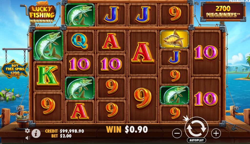 Lucky Fishing Megaways by Pragmatic Play, featuring a wooden fishing-themed slot grid with six reels and varying symbol heights, reflecting the Megaways mechanic. The reels display fishing-related symbols, including fish, golden fish scatter symbols, and traditional card symbols (A, K, Q, J, 10, 9). The game interface shows a credit balance of $99,998.90, a bet of $2.00, and a win of $0.90. A "Buy Free Spins" option for $200 is available on the left, while 2700 Megaways™ is displayed in the top-right corner. The background features a calm lake with wooden docks and fishing equipment, enhancing the fishing adventure theme.