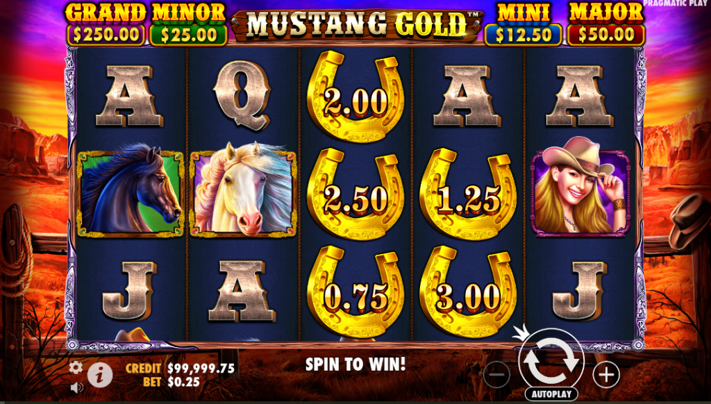 The image shows a screenshot of the Mustang Gold slot game by Pragmatic Play. It features a colorful western theme with symbols like horses, horseshoes, and playing card icons (A, Q, J). The game has various jackpots displayed at the top, including Grand, Minor, Mini, and Major prizes. The bet amount is set at $0.25, and the player's credit balance is displayed as $99,999.75. The spin button is located at the bottom with an autoplay option available.