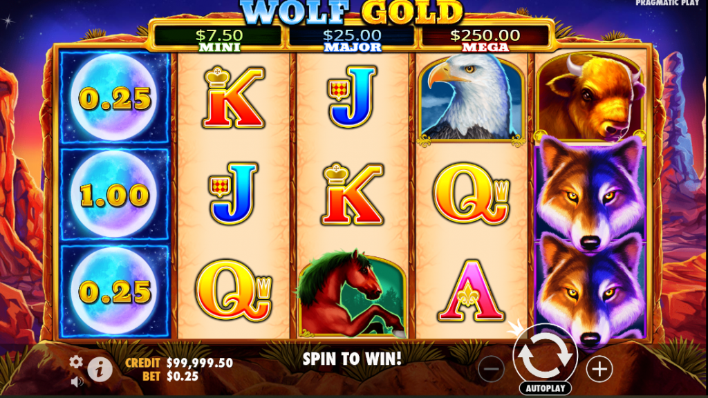 Wolf Gold slot machine interface, showing a desert canyon background with reels containing symbols such as moons labeled $0.25, wolves, buffalo, eagles, horses, and playing card icons. The top displays three jackpot labels (Mini at $7.50, Major at $25.00, and Mega at $250.00). The bottom shows a credit balance of $99,999.50, a bet amount of $0.25, and buttons for spinning and autoplay.
